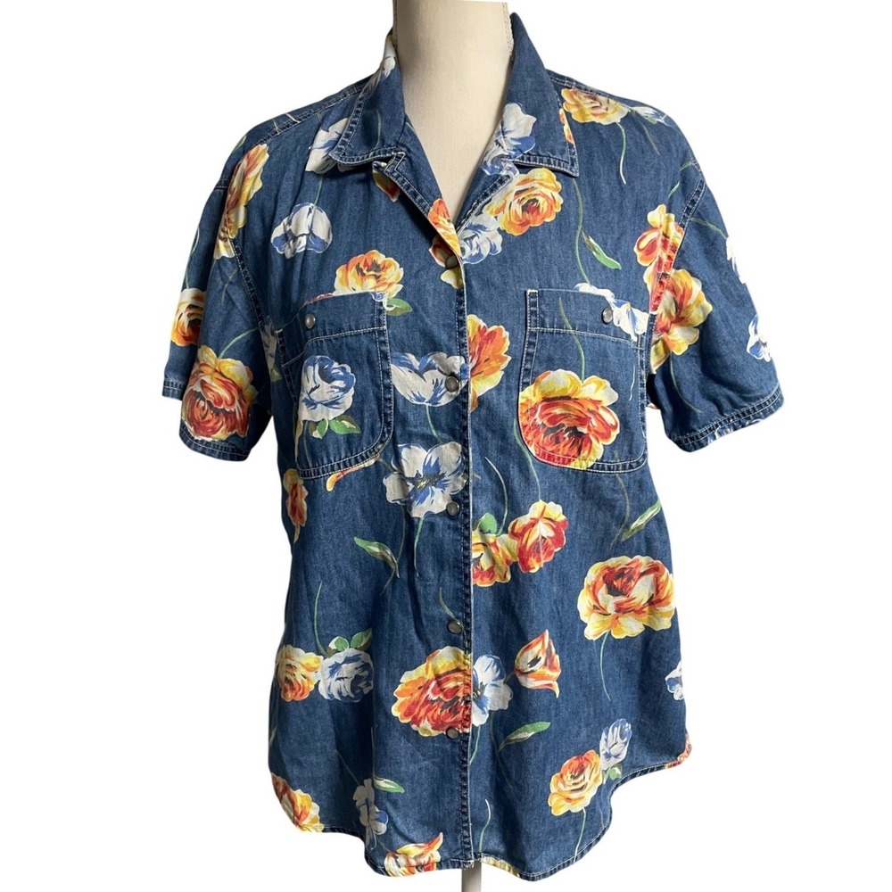 Vintage 90s Lizwear Big Flower Print Pearl Snap Denim Shirt Women's M